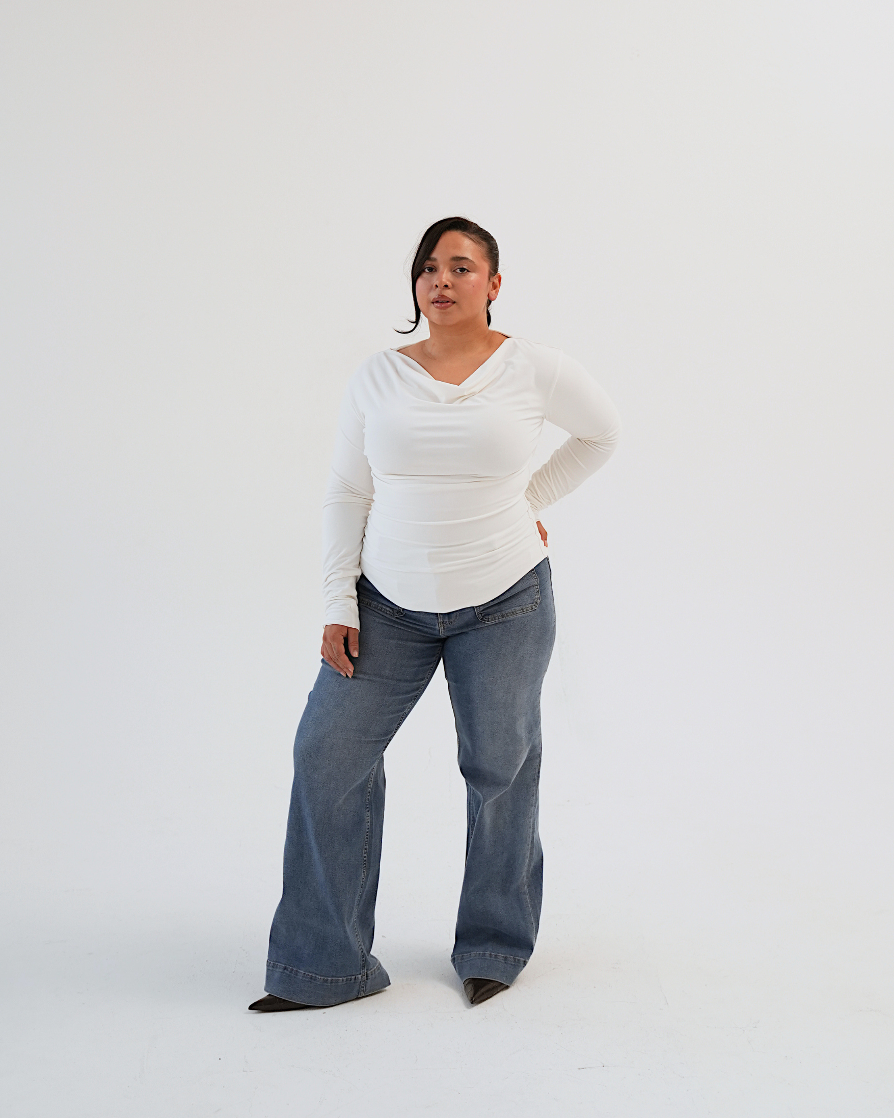 Cream Long Sleeved Cowl Neck Top