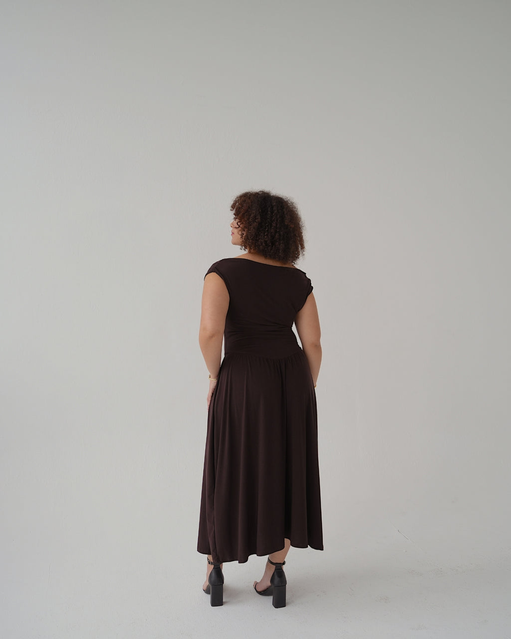 Chocolate Brown Cowl Neck Drop Waist Midi Dress