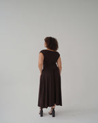 Chocolate Brown Cowl Neck Drop Waist Midi Dress