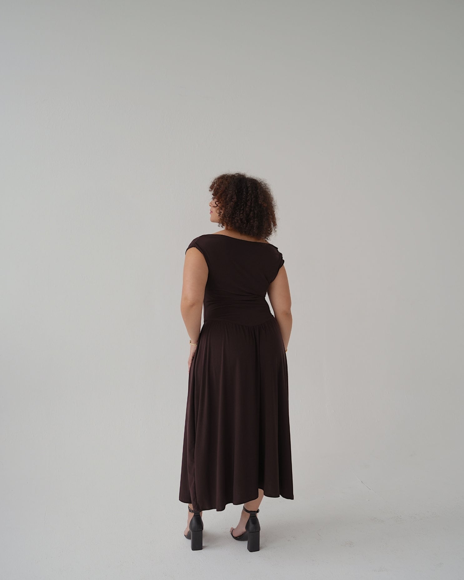 Chocolate Brown Cowl Neck Drop Waist Midi Dress