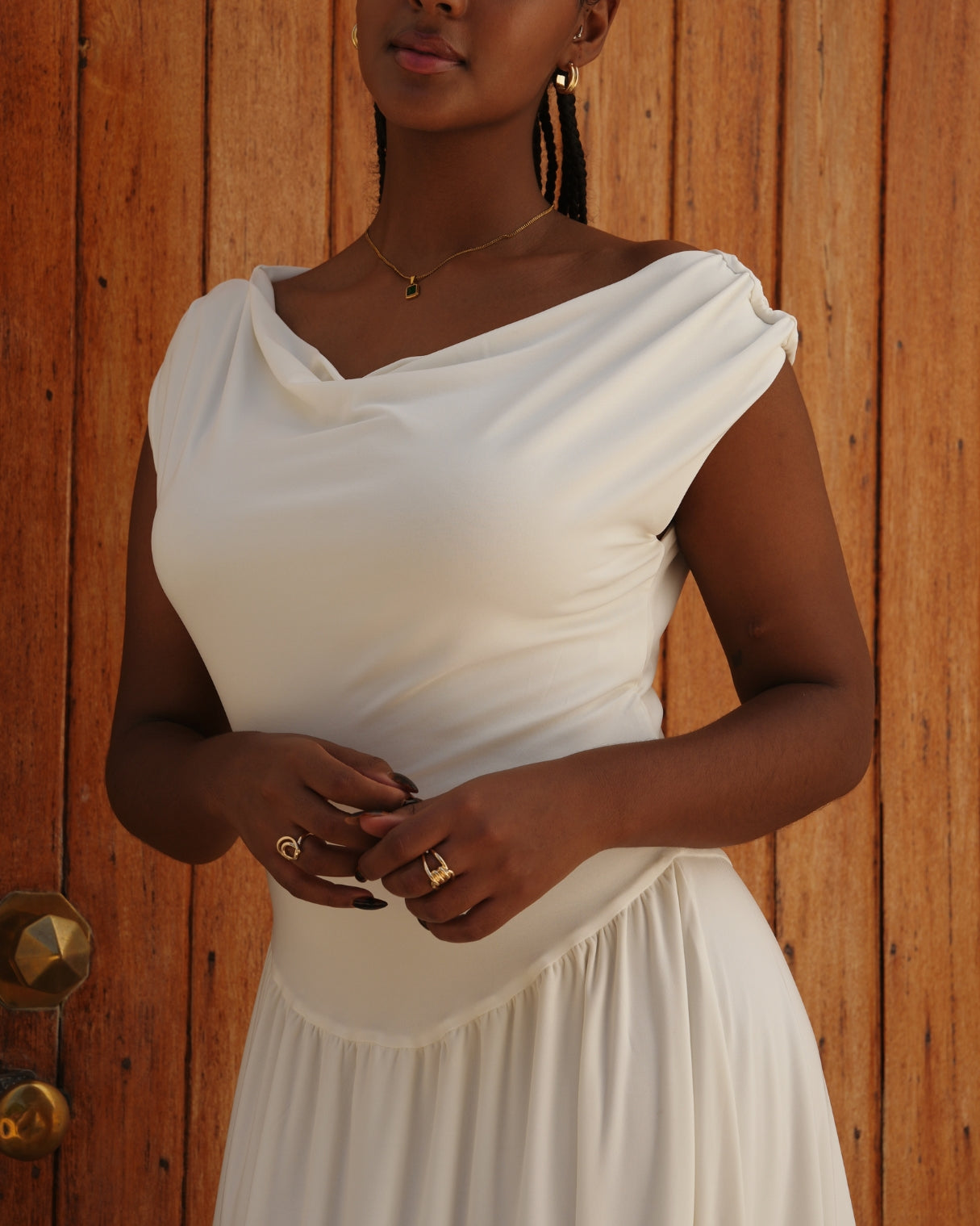 Cream Cowl Neck Drop Waist Midi Dress