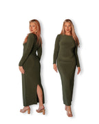 Khaki Crew-Neck Sculpted Dress with Long Sleeves