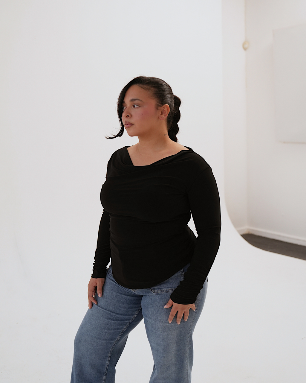 Black Long Sleeved Cowl Neck Top