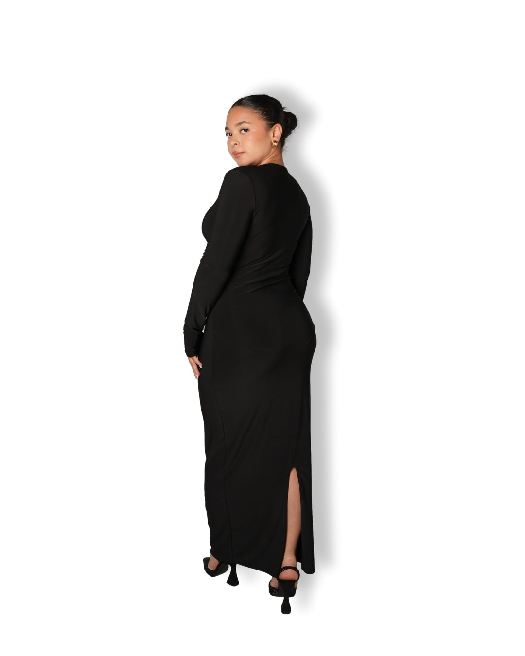 Black Crew-Neck Sculpted Dress with Long Sleeves