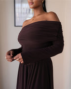 Chocolate Brown Long Sleeved Off-Shoulder Drop Waist Dress