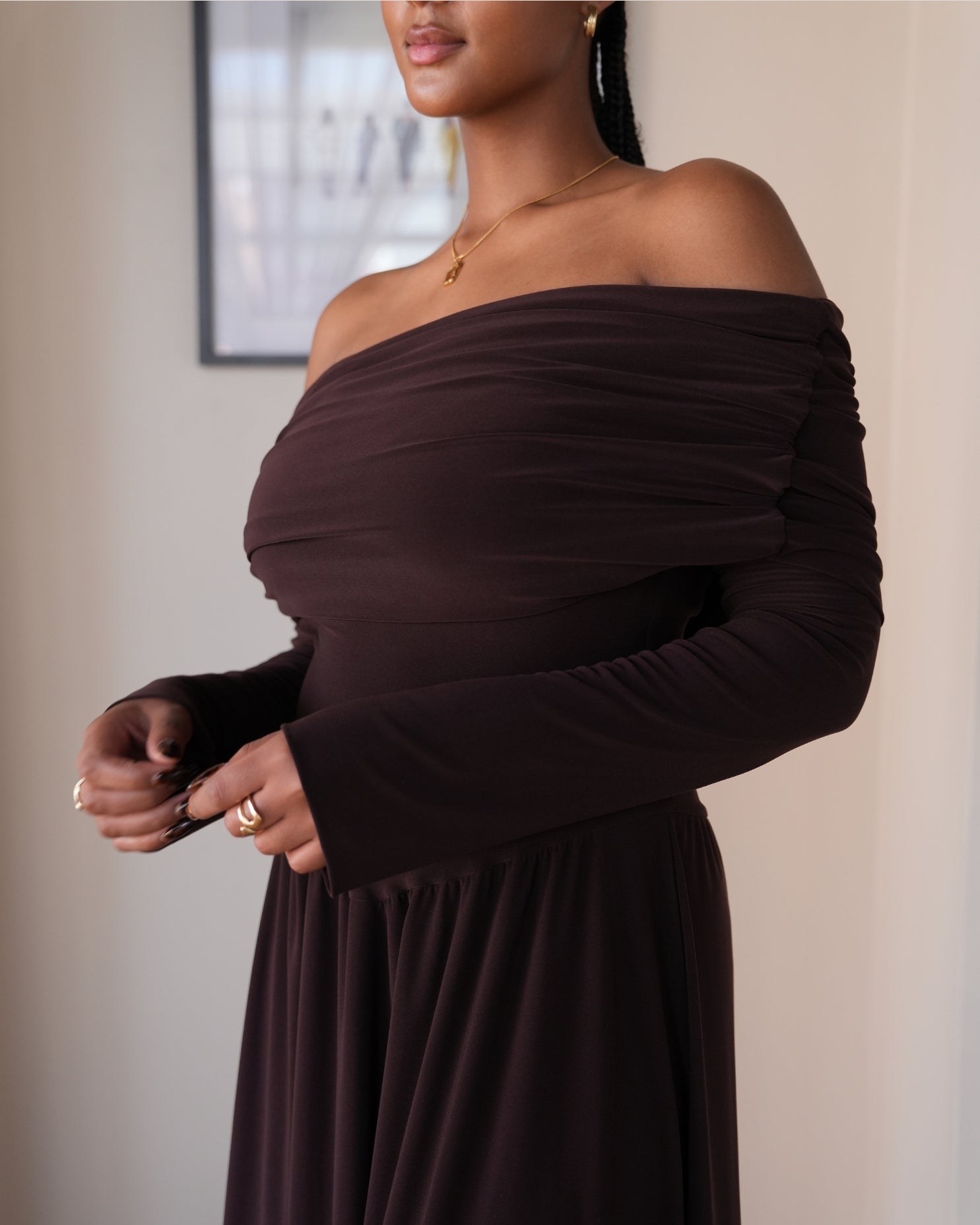 Chocolate Brown Long Sleeved Off-Shoulder Drop Waist Dress
