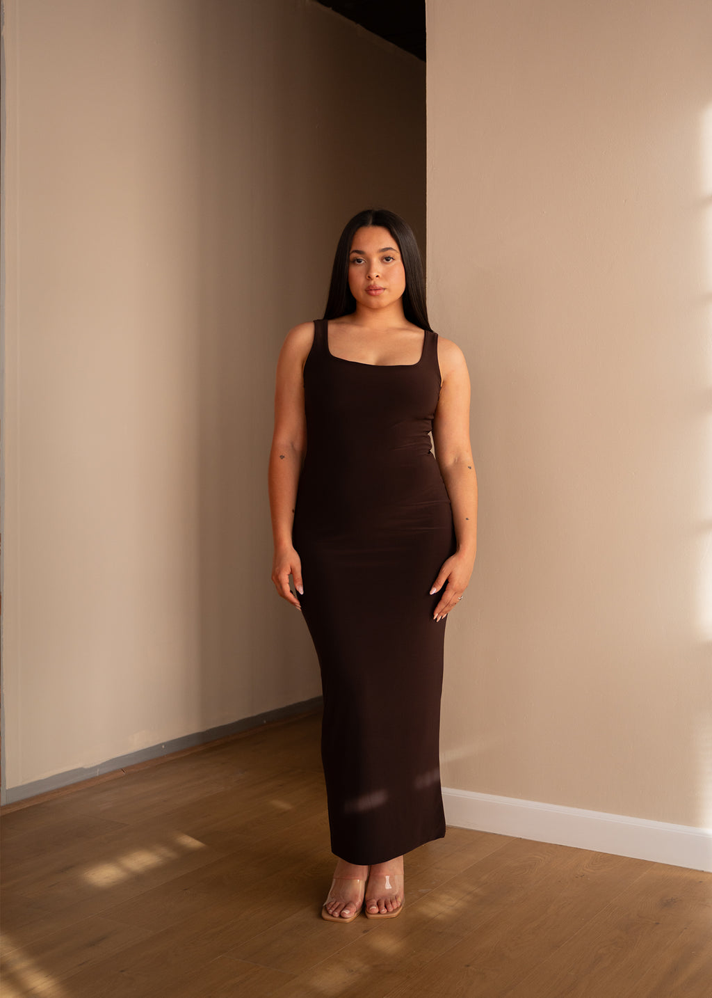 chocolate brown tank dress Chocolate Brown Solid Scoop Neck Tank Dress Sz XS S M L