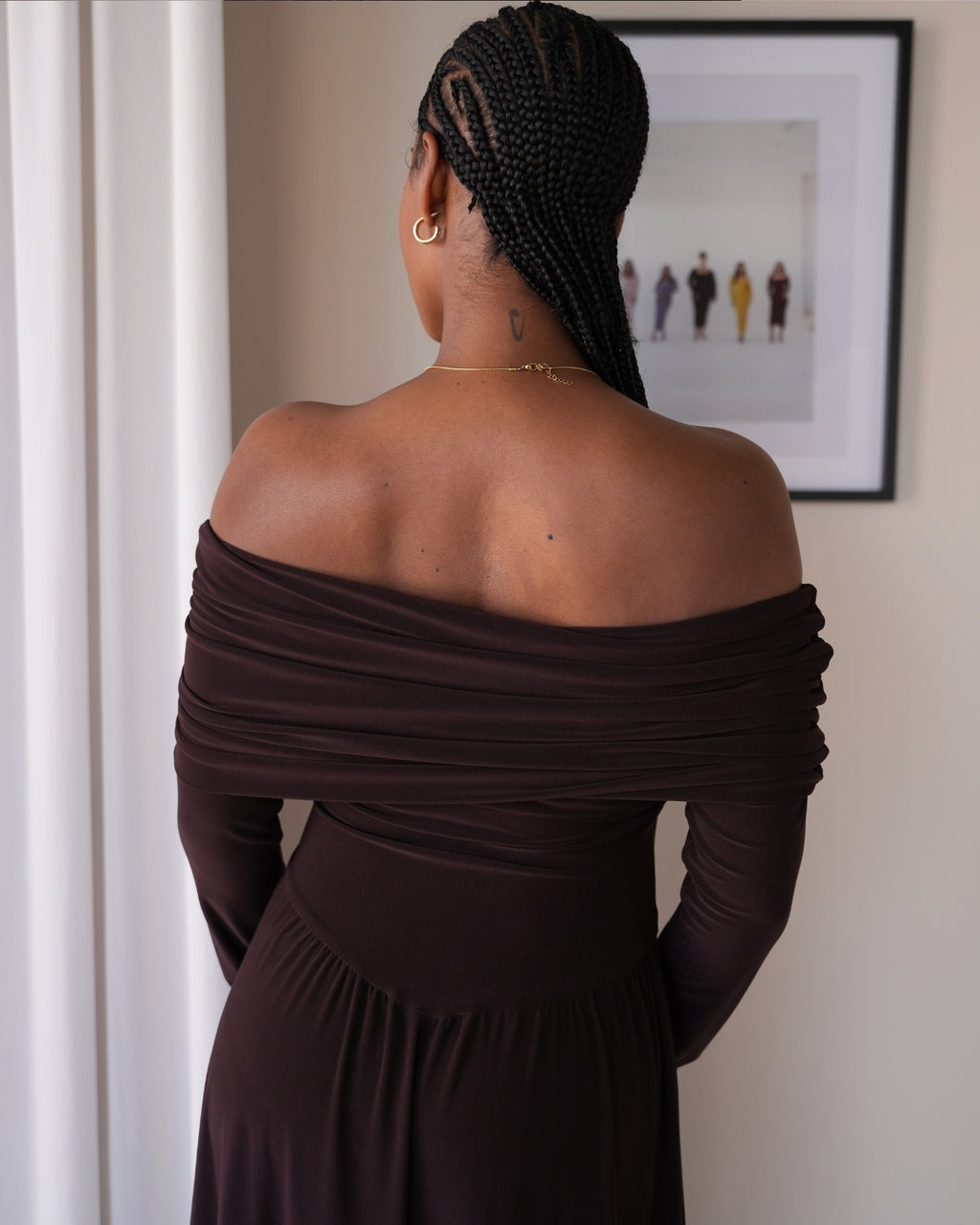 Chocolate Brown Long Sleeved Off-Shoulder Drop Waist Dress