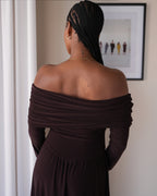 Chocolate Brown Long Sleeved Off-Shoulder Drop Waist Dress