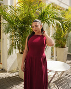 Maroon Boat Neck Drop Waist Midi Dress