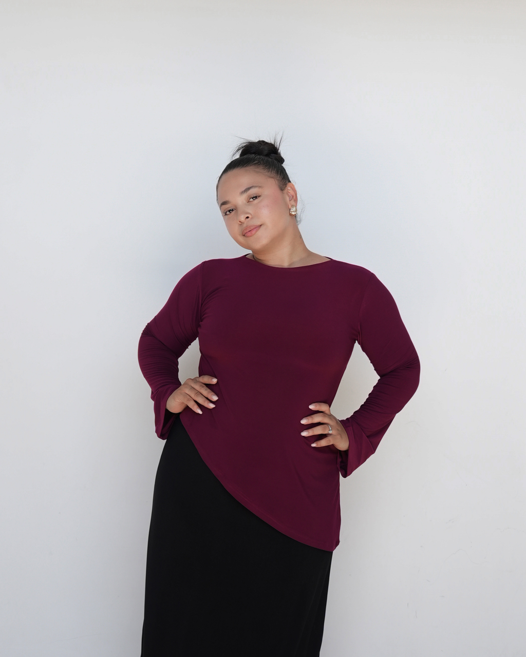 Dark Maroon Smooth Asymmetrical Bell Sleeve Top