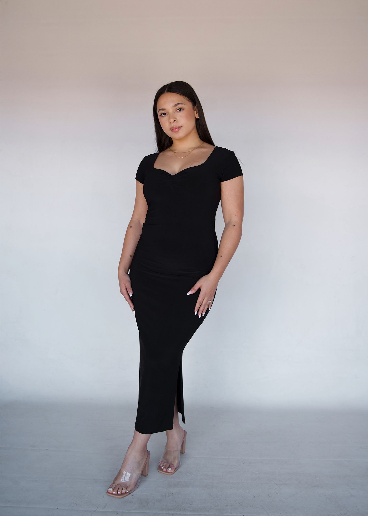 Black Short Sleeved Sweet-heart Dress