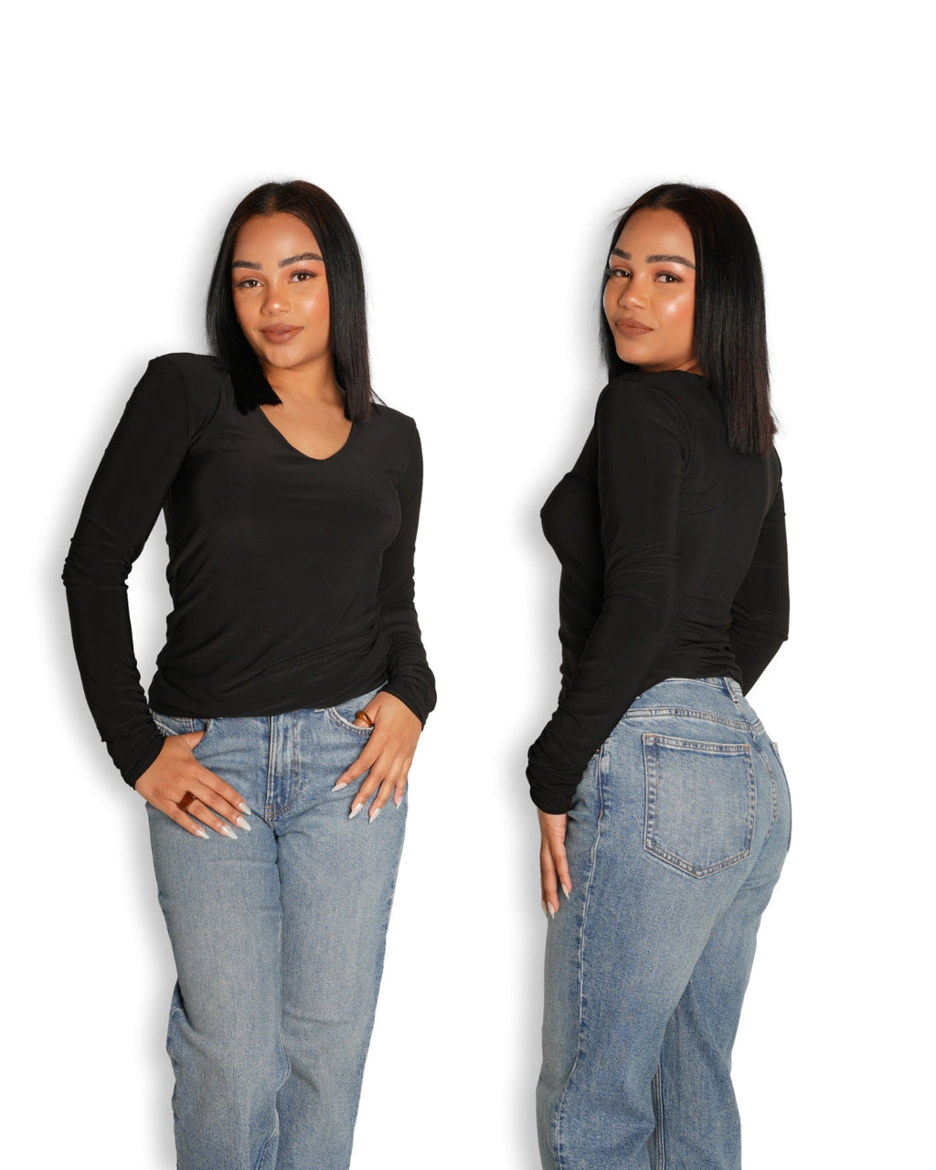 Black V-Neck Long Sleeved Top