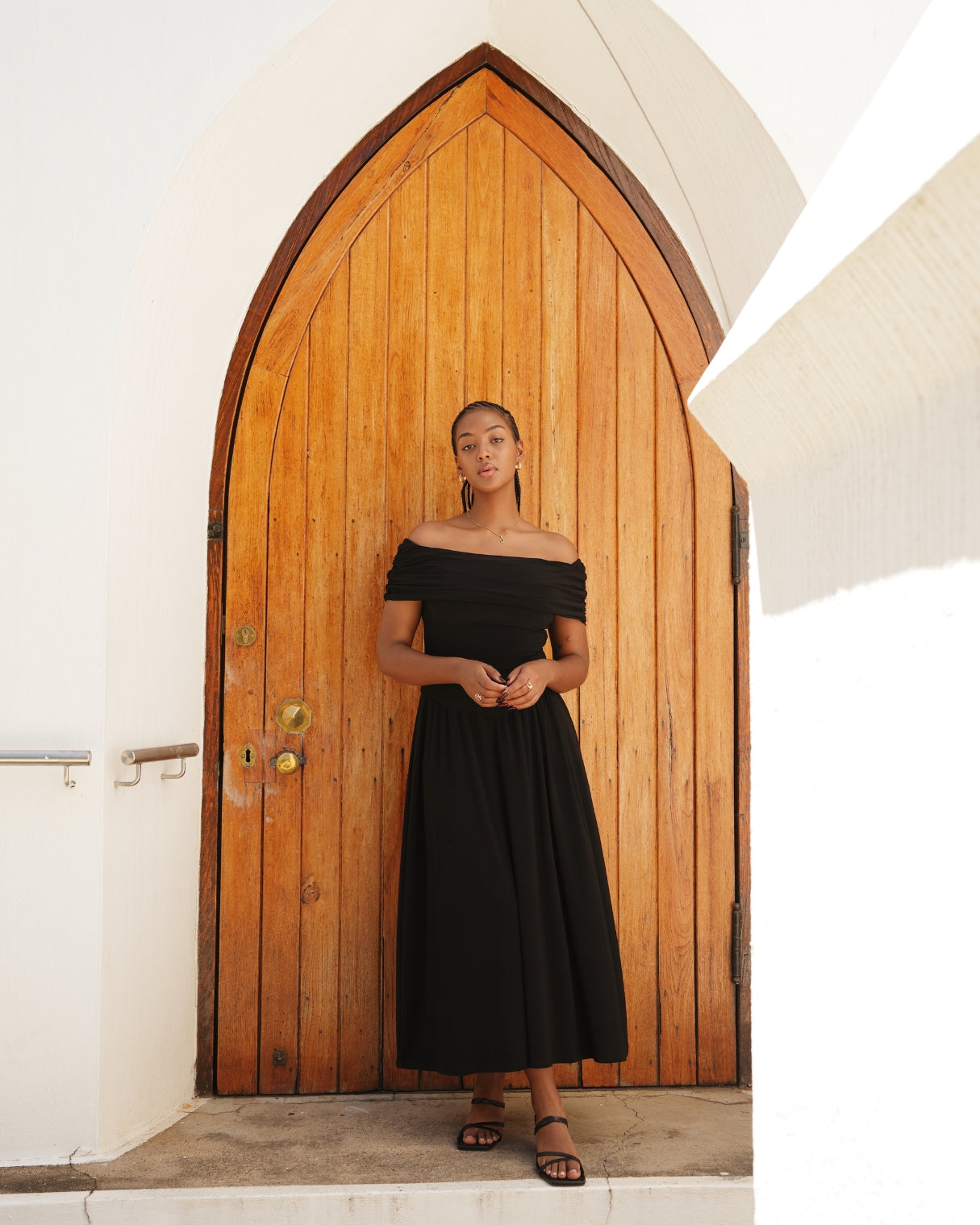 Black Off-Shoulder Drop Waist Dress