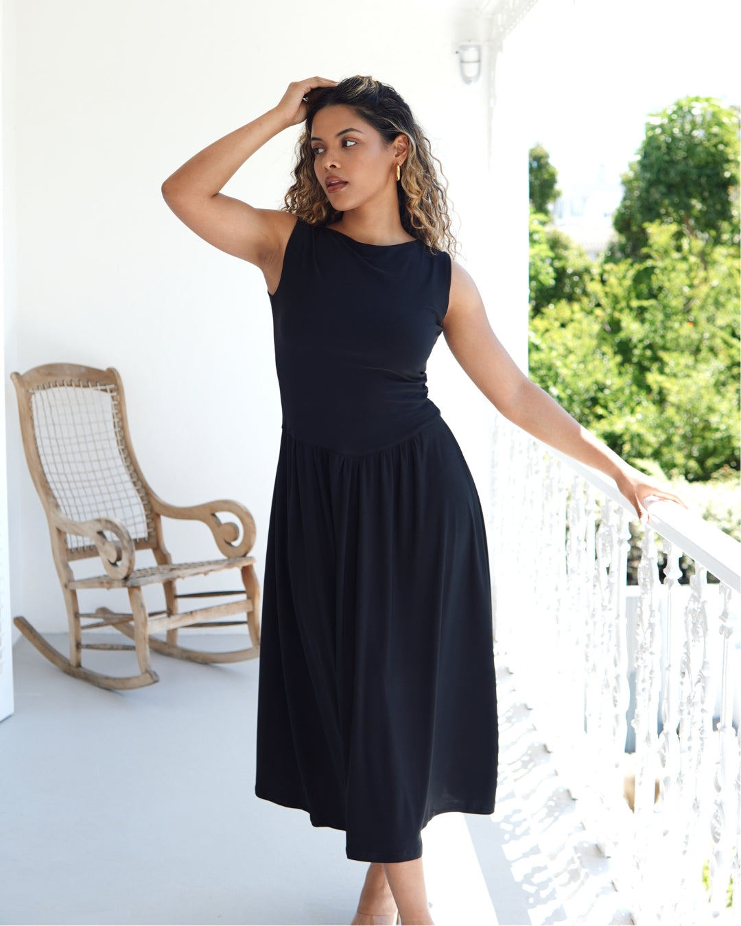 MEDIUM - Black Boat Neck Drop Waist Midi Dress