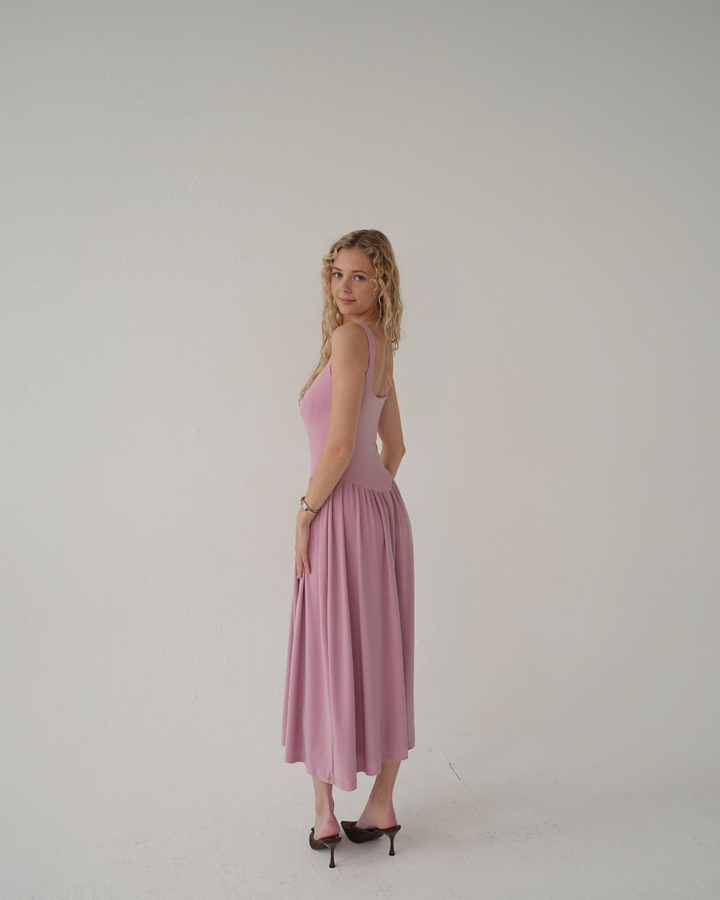 XS | Dusty Pink Tank-Style Drop Waist Midi Dress