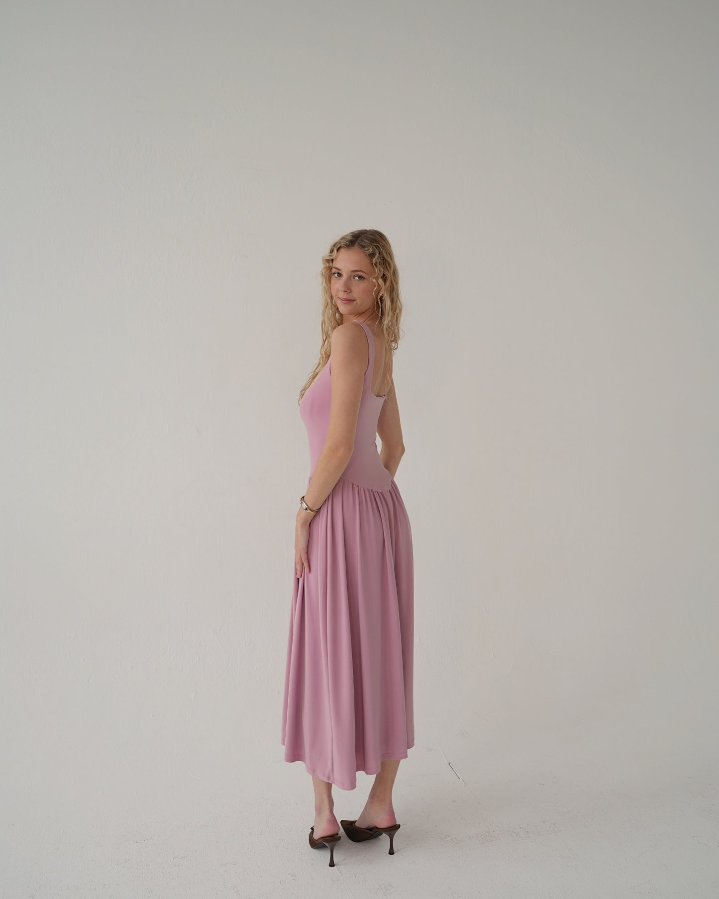Dusty Pink Tank-Style Drop Waist Midi Dress
