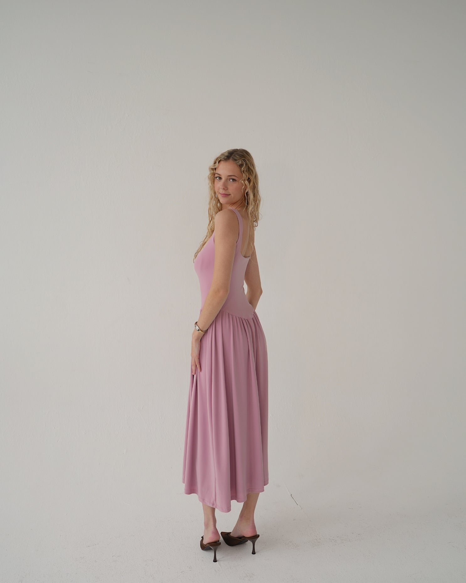 XS | Dusty Pink Tank-Style Drop Waist Midi Dress