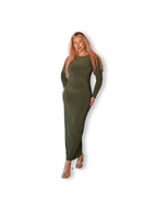 Khaki Crew-Neck Sculpted Dress with Long Sleeves