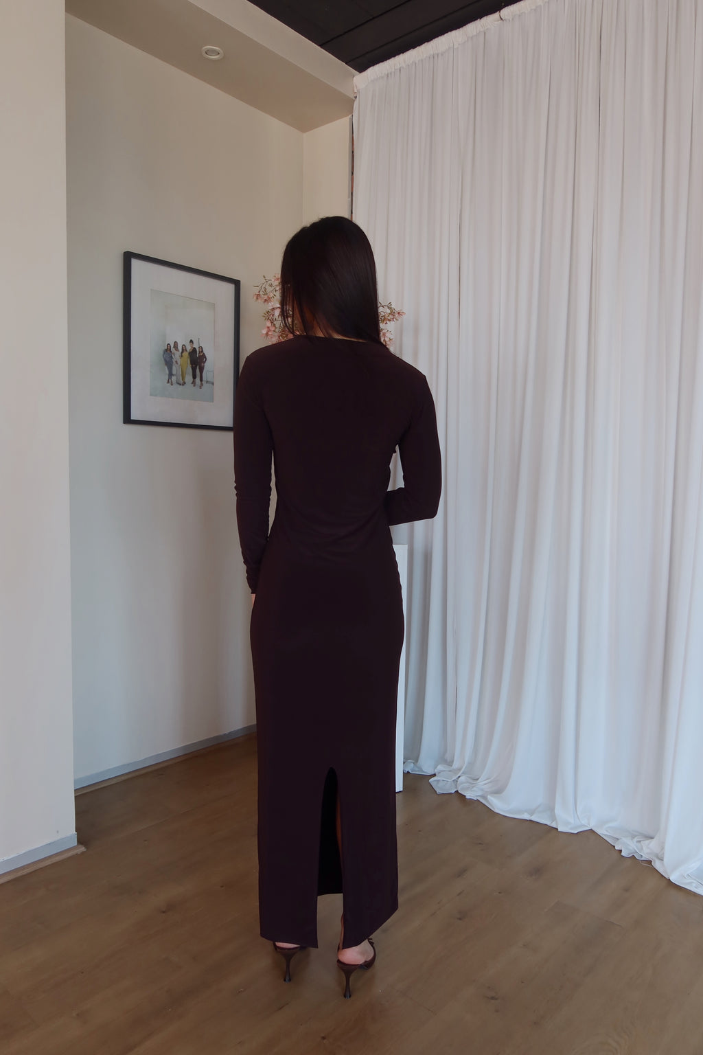 Chocolate Brown Crew-Neck Sculpted Dress with Long Sleeves