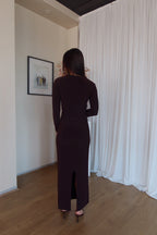 Chocolate Brown Crew-Neck Sculpted Dress with Long Sleeves