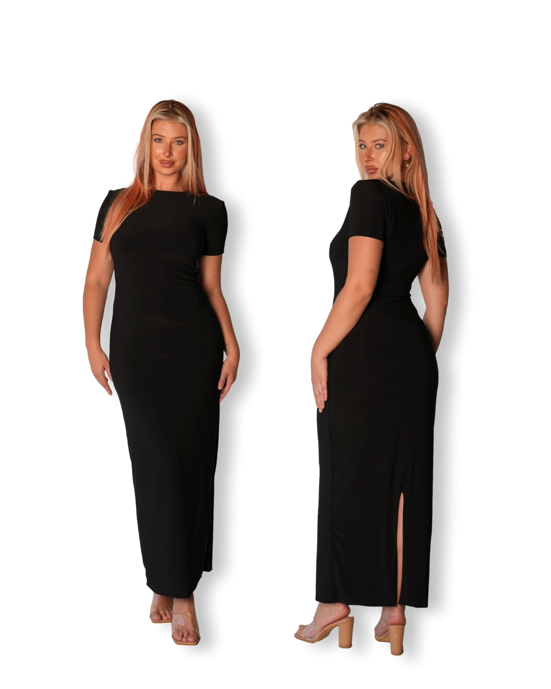 Black Crew-Neck Sculpted Dress with Short Sleeves