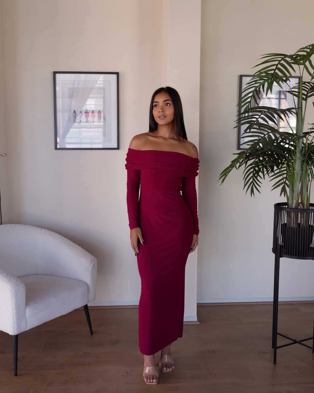 Maroon Bardot Sculpted Dress with Long Sleeves