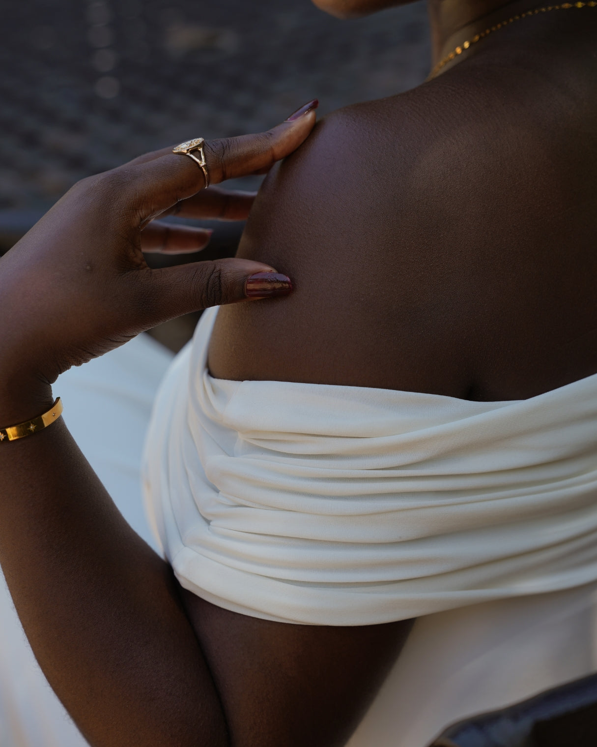 L | Cream Off-Shoulder Drop Waist Dress