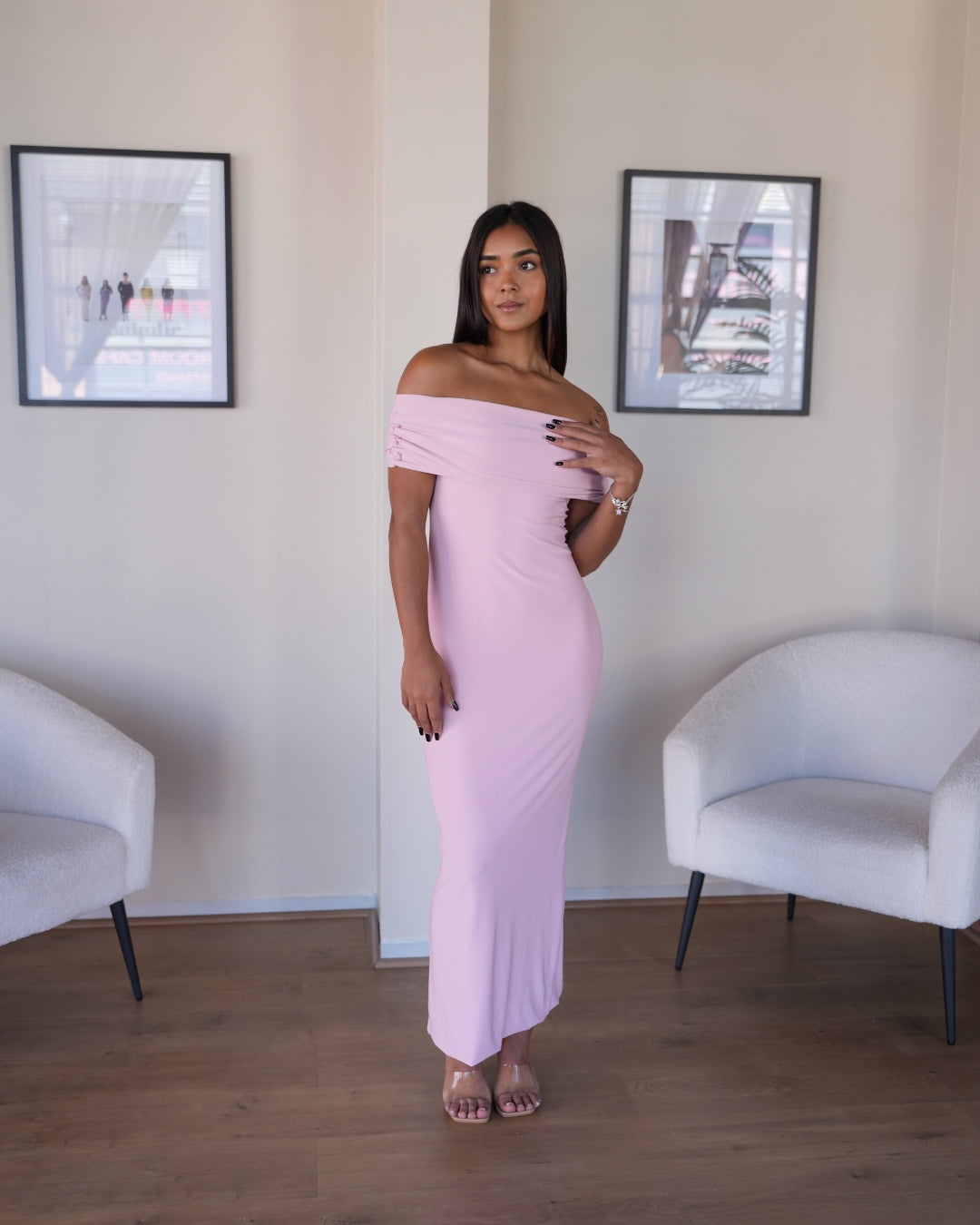 Baby Pink Off-shoulder Bardot Sculpted Dress – The Shopaholic