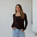 Chocolate Brown Square Neck Long Sleeved Top