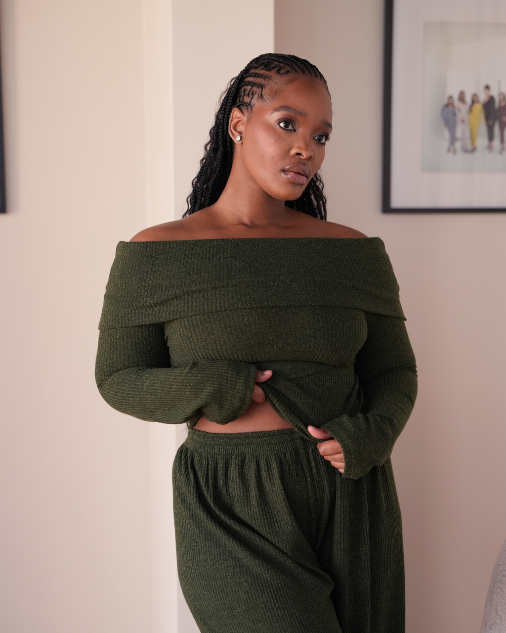 Military Knit Off-Shoulder Top