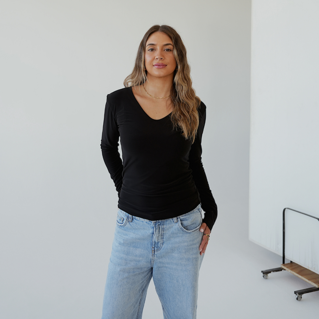 Black V-Neck Long Sleeved Top