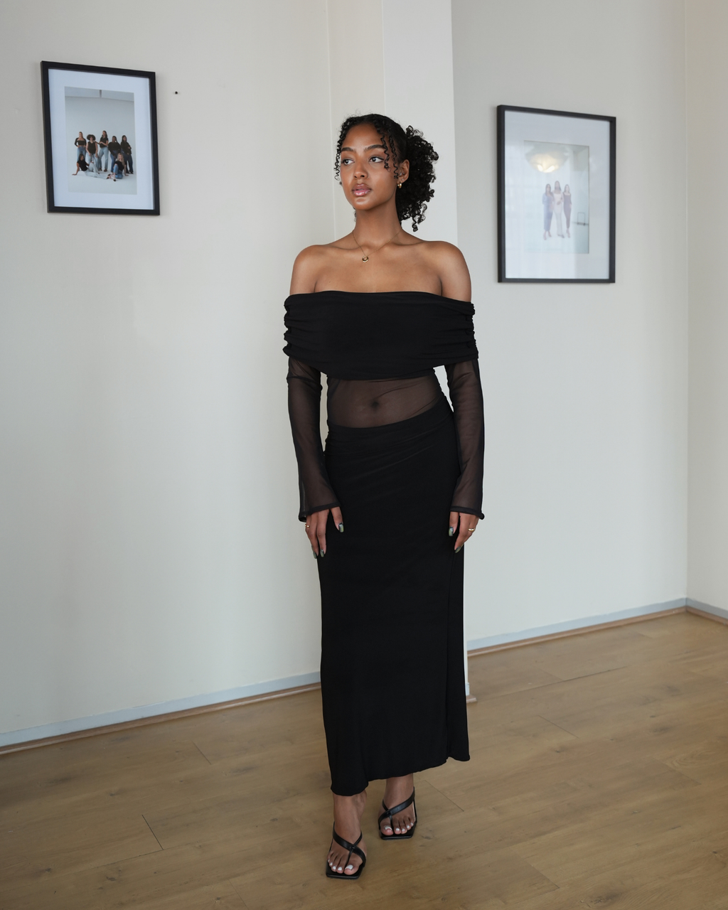 Black Mesh Off-Shoulder Dress with Long Sleeves