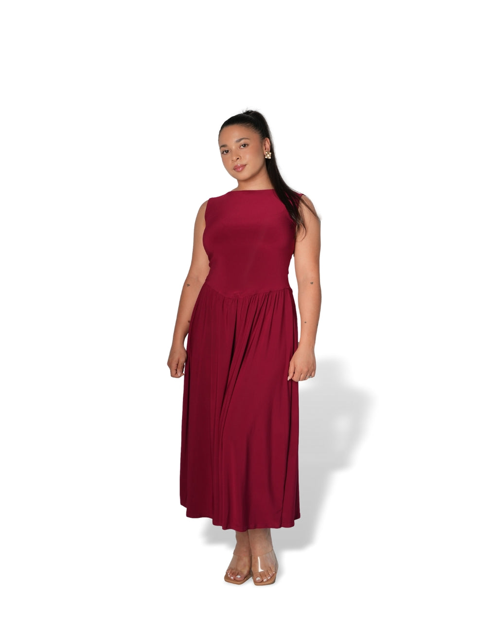 Maroon Boat Neck Drop Waist Midi Dress
