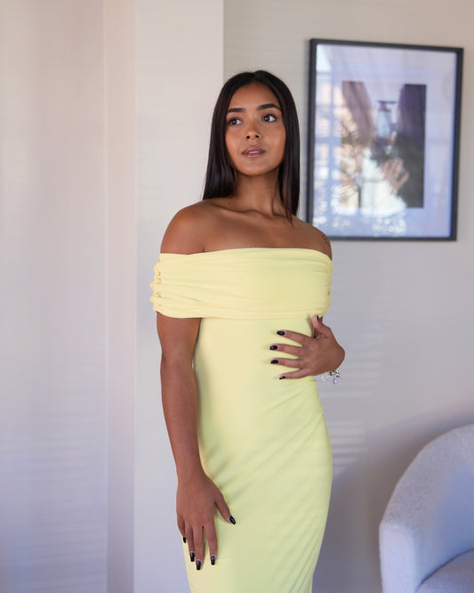 S | Pastel Yellow Off-shoulder Bardot Sculpted Dress