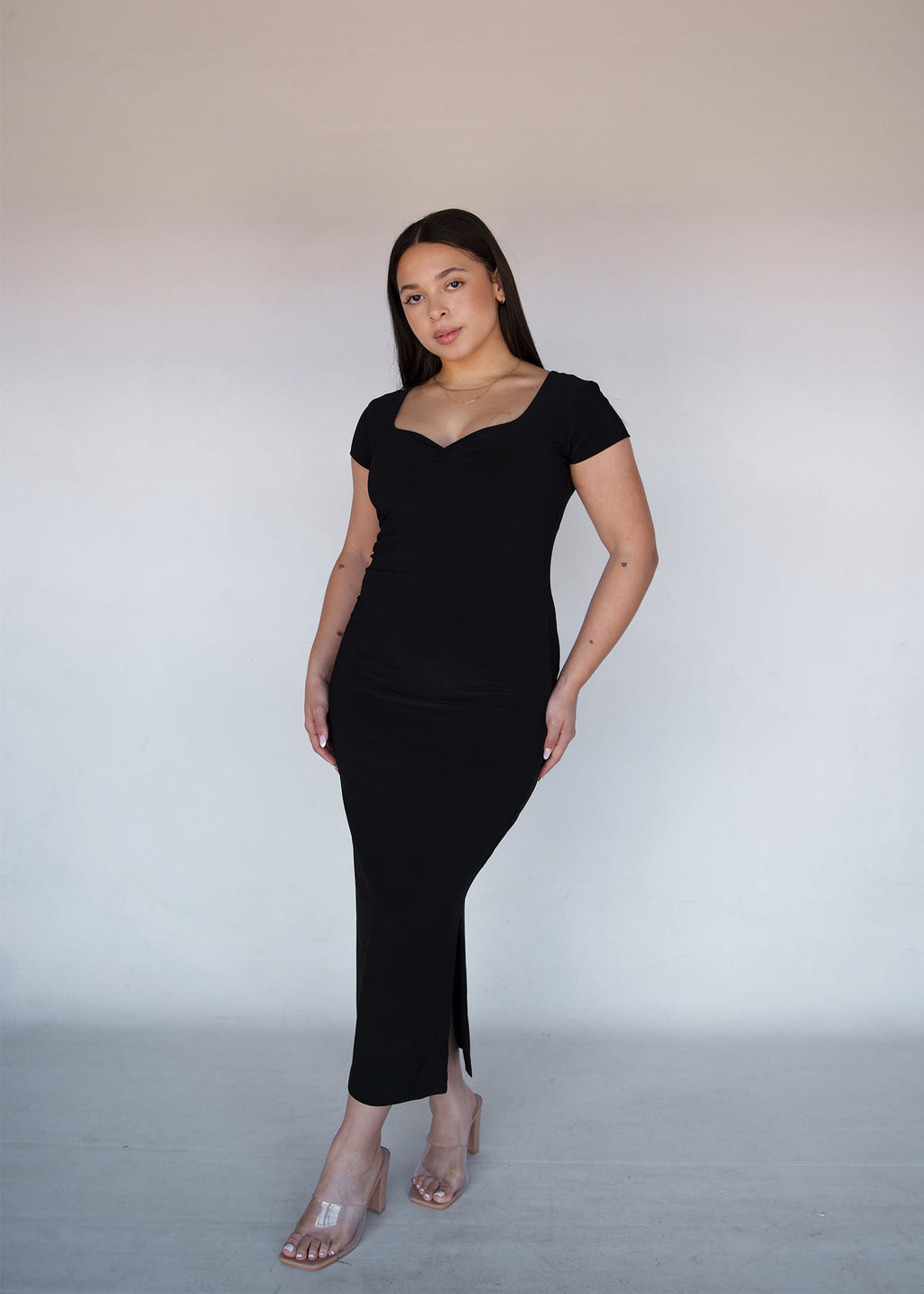 Black Short Sleeved Sweet-heart Dress