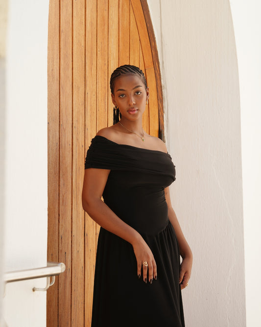 M | Black Off-Shoulder Drop Waist Dress