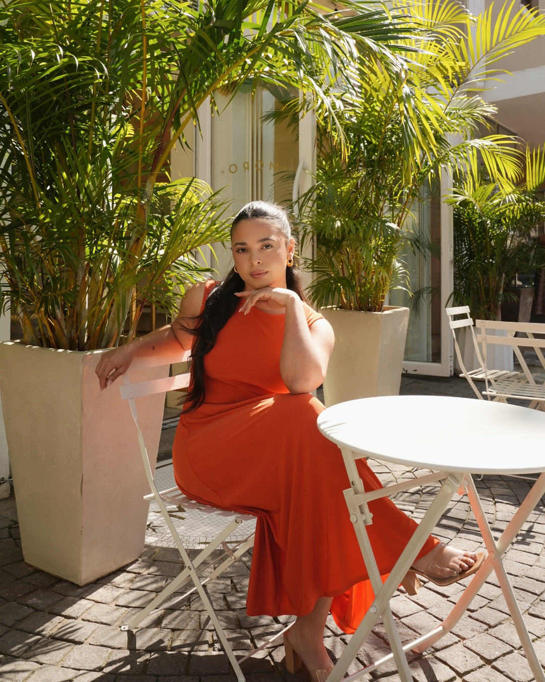 Orange Boat Neck Drop Waist Midi Dress