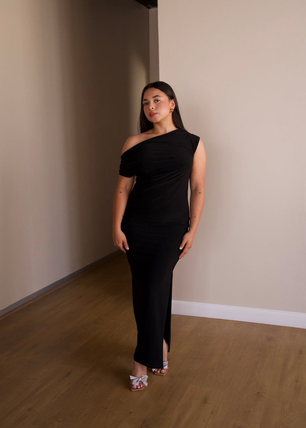 Black Cowl-Neck Dress with Slit