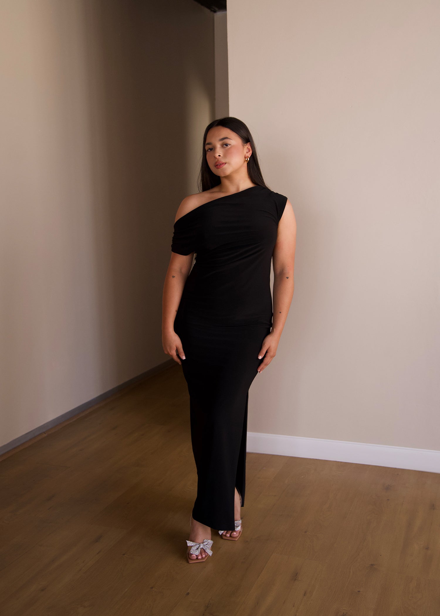 Black Cowl-Neck Dress with Slit