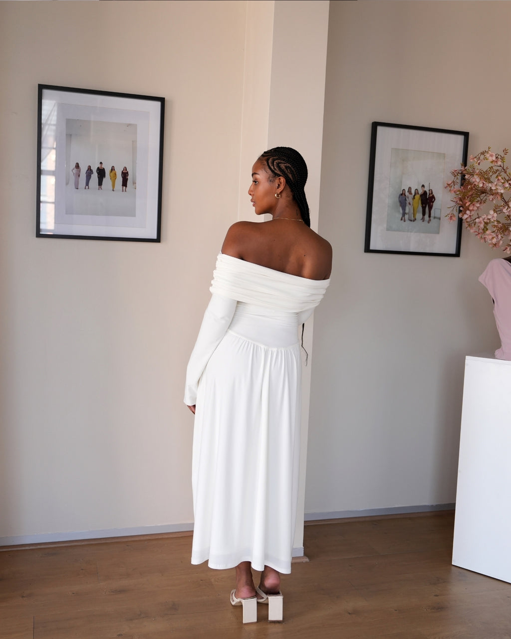 Cream Long Sleeved Off-Shoulder Drop Waist Dress