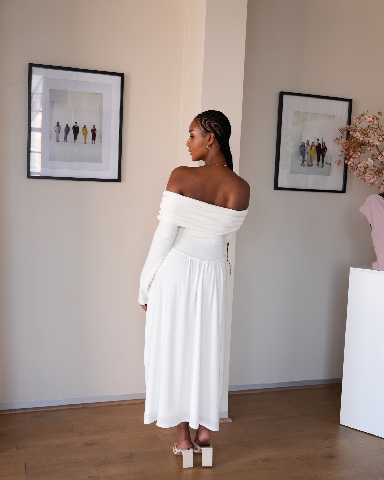 Cream Long Sleeved Off-Shoulder Drop Waist Dress