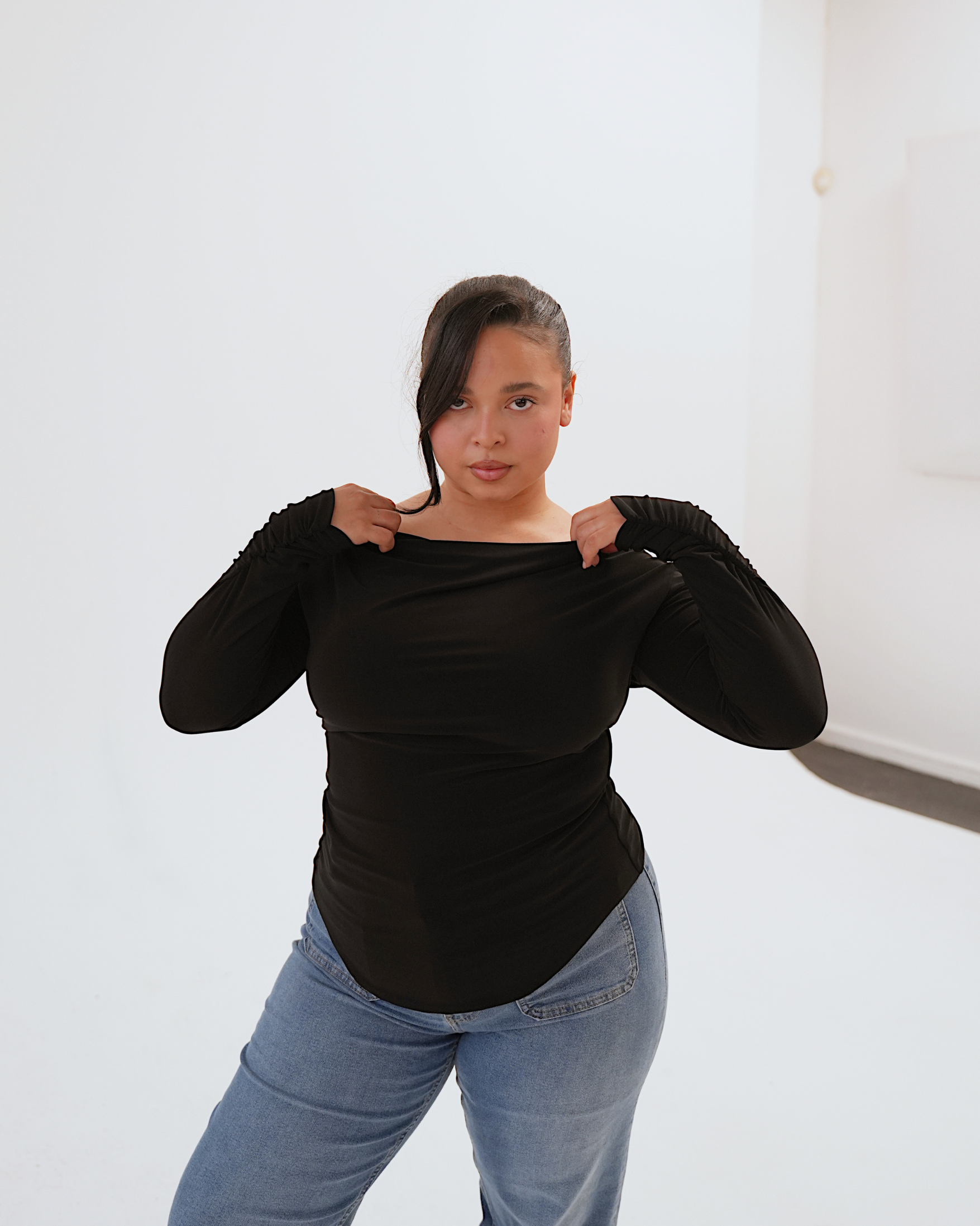 Black Long Sleeved Cowl Neck Top