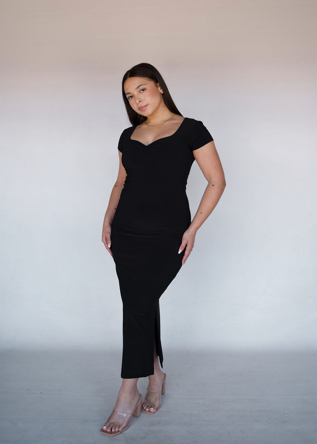 Black Short Sleeved Sweet-heart Dress