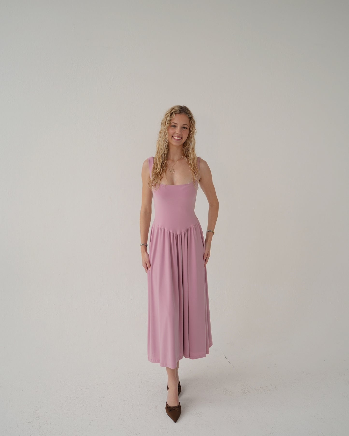 Dusty Pink Tank-Style Drop Waist Midi Dress