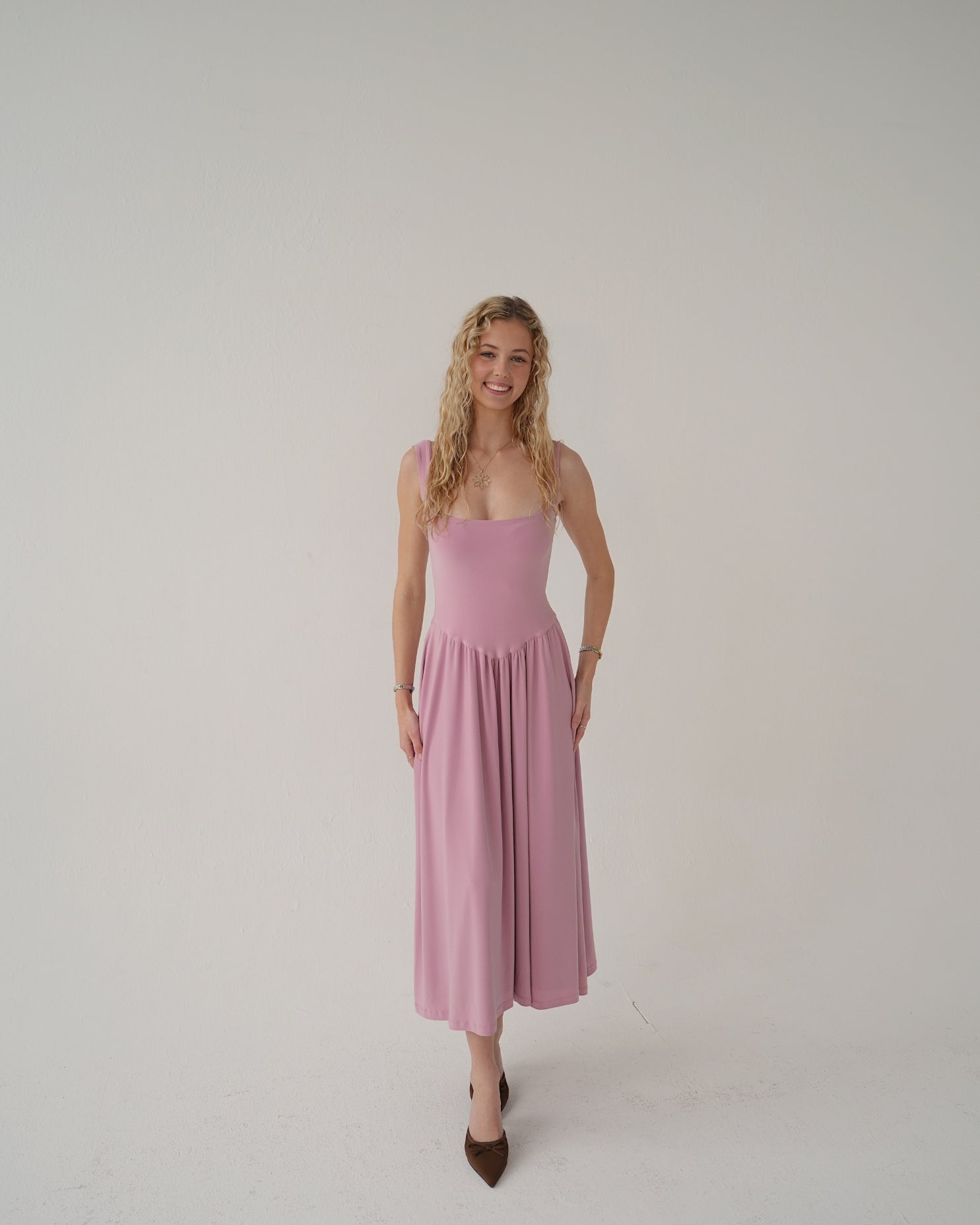 XS | Dusty Pink Tank-Style Drop Waist Midi Dress