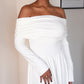 Cream Long Sleeved Off-Shoulder Drop Waist Dress