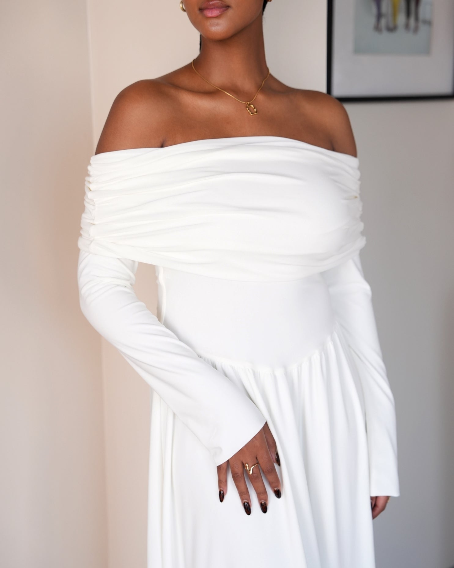 Cream Long Sleeved Off-Shoulder Drop Waist Dress The Shopaholic Cream Long Sleeved Off-Shoulder Drop Waist Dress The Shopaholic
