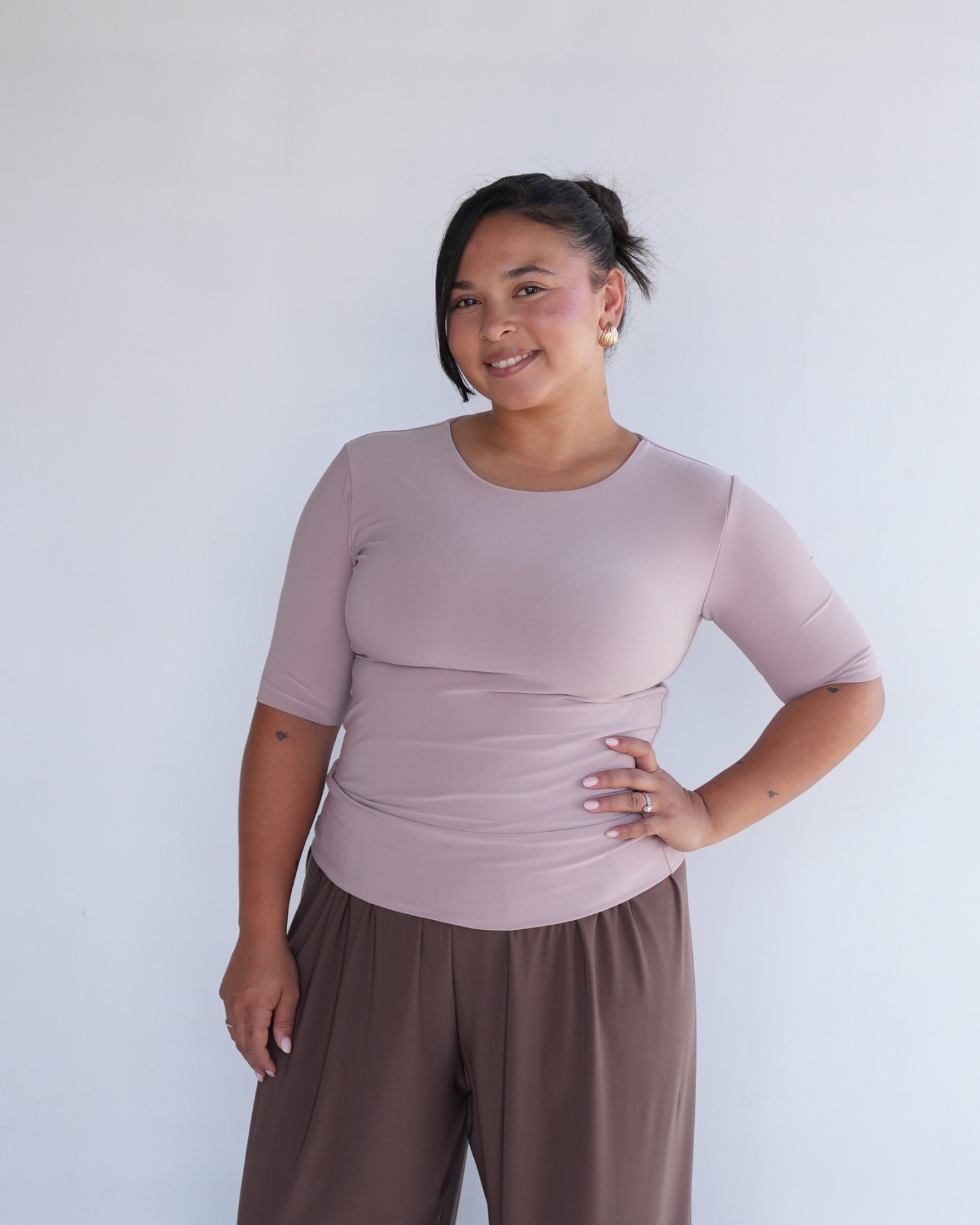 Nude Pink T-shirt with Midi Sleeves