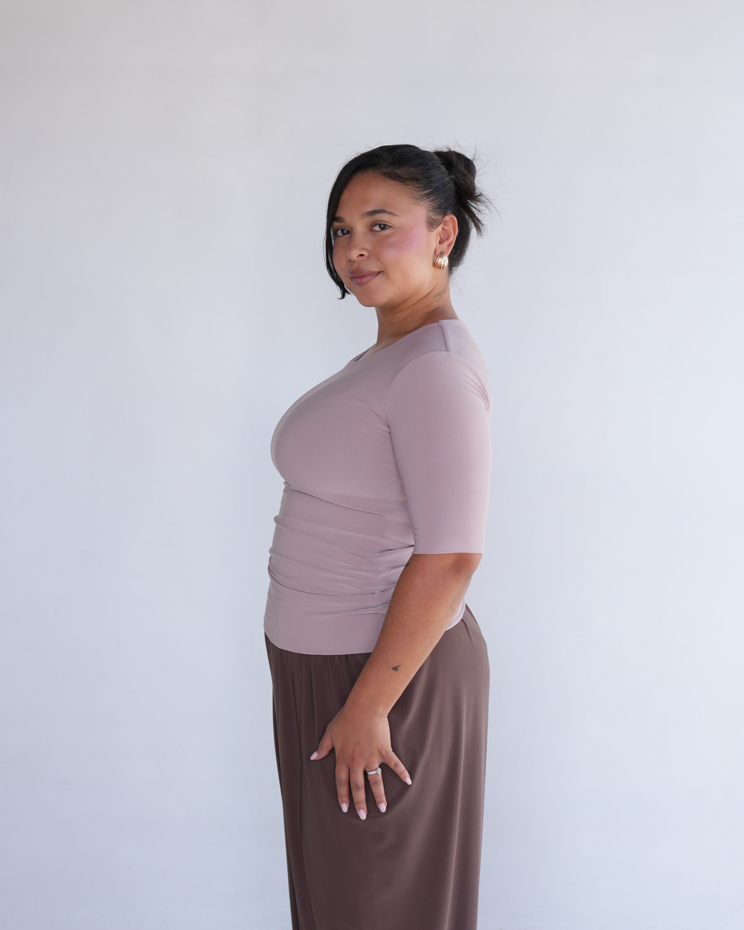 Nude Pink T-shirt with Midi Sleeves